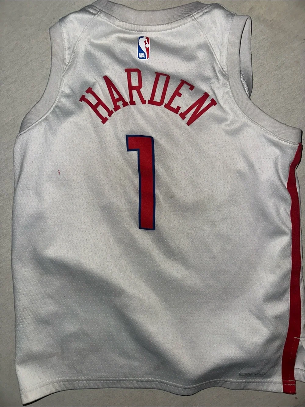 Mens Size M Nike White Basketball Jersey with Red Script & Blue Accents